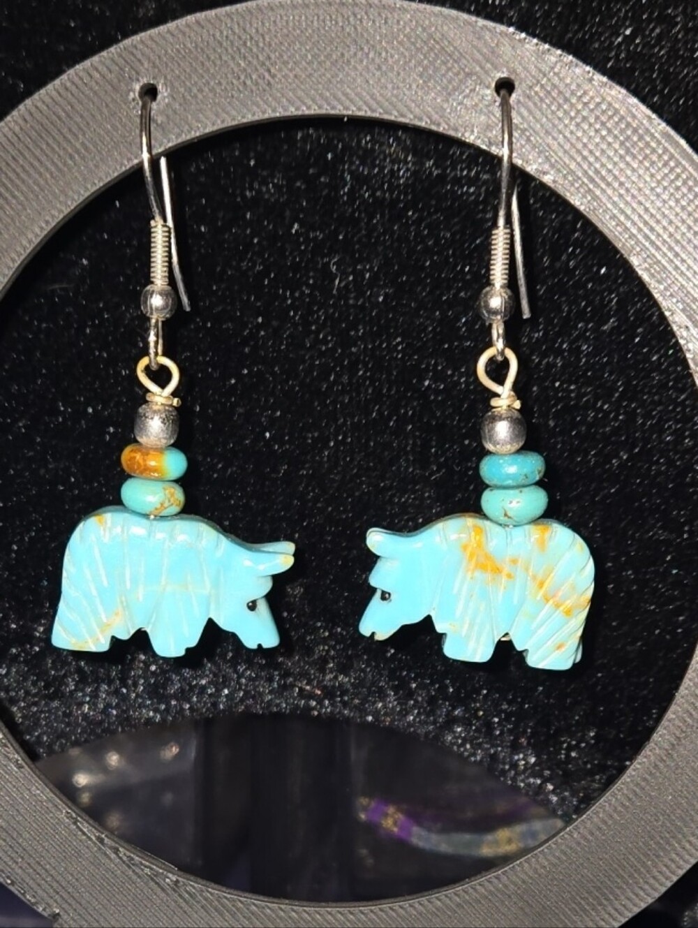 Navajo Fetish Bear Drop Earrings  Sterling Silver And Turquoise